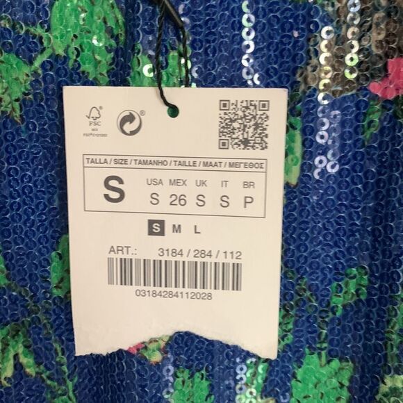 Zara blue floral sequin short sleeve top NWT - Picture 3 of 9